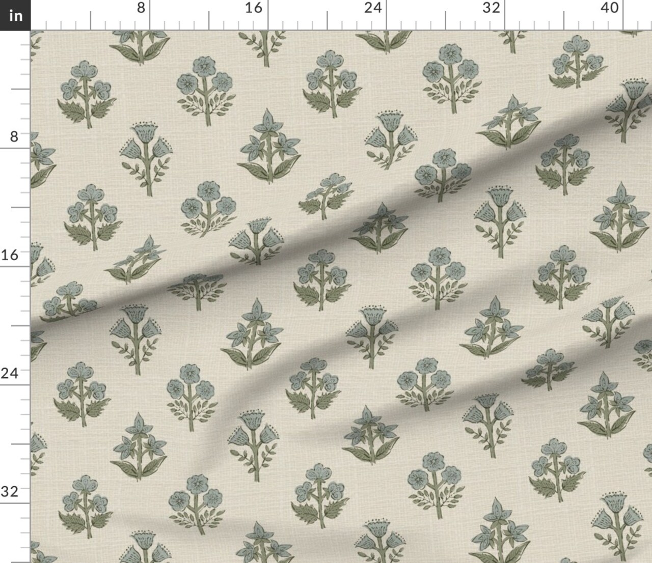 Block Print Neutral Floral Beige Blue Green Faux Basketweave Texture Indian Mughal Flower French Country Custom Printed Fabric by Spoonflower Various Fabrics by the Yard or Fat Quarter